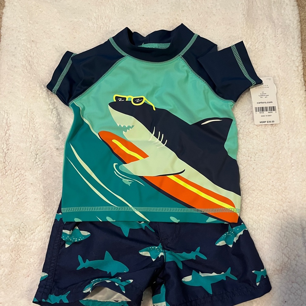 Carter's Teal and Navy Shark Rashguard Set